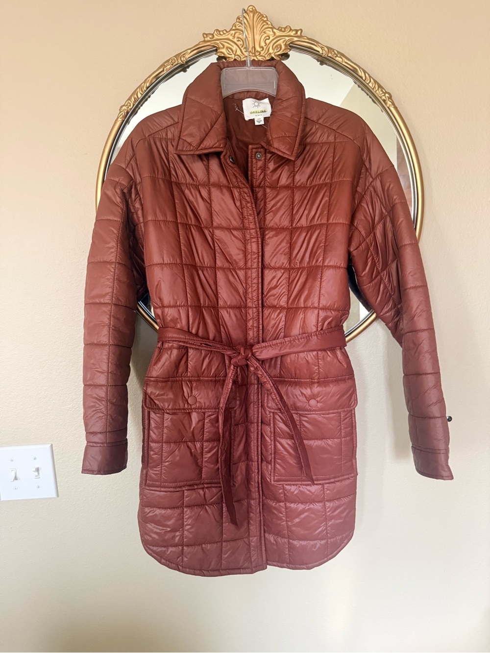 aerie Quilted Belted Puffer Coat - Rust Brown